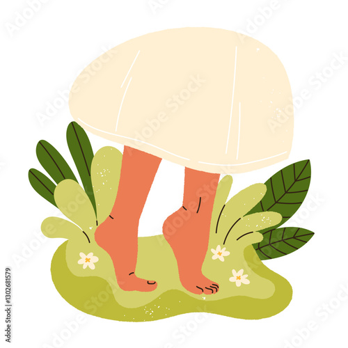 Female bare feet walking outdoors. Woman's legs in a dress walking on the grass. Harmony with nature vibe. Cottagecore and whimsical countryside aesthetic. Isolated vector illustration