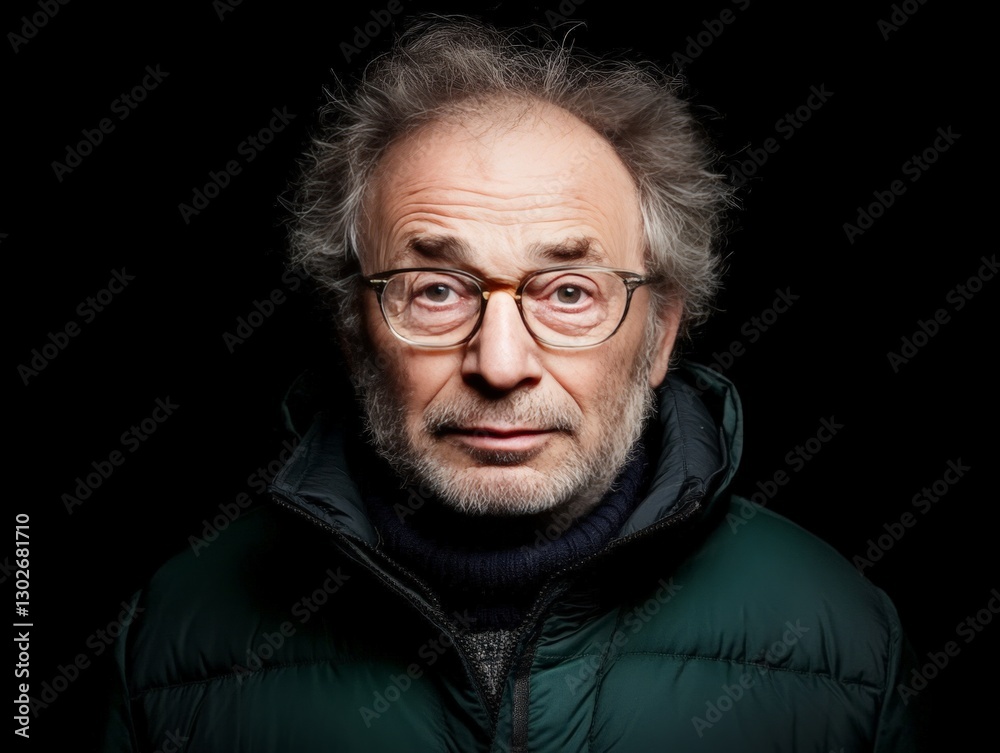 Elderly intellectual man with glasses and messy gray hair wearing dark jacket looking serious against black background with moody lighting Elderly intellectual man with glasses and messy gray hair wearing dark jacket looking serious against black background with moody lighting