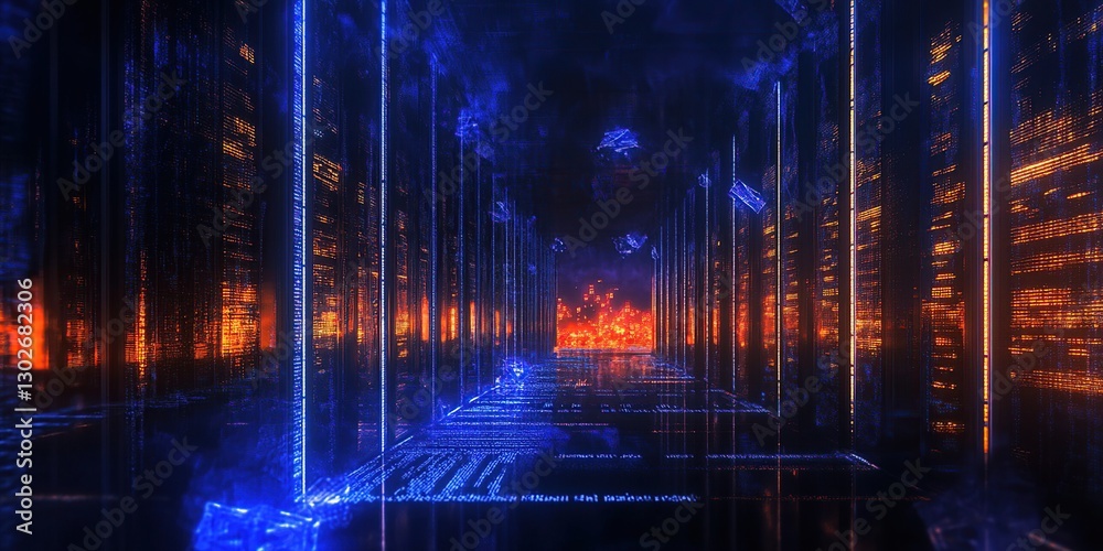 Fototapeta premium Futuristic Cityscape at Night with Glowing Blue and Orange Lights