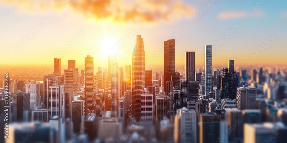 Fototapeta premium A stunning city skyline at sunset, showcasing tall buildings against a colorful sky filled with warm hues of orange and blue.