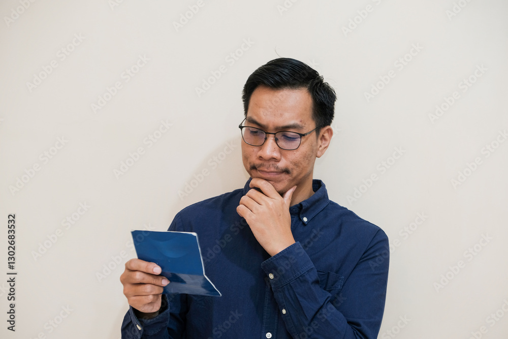 A Southeast Asian man holding his savings book with thoughtfully with the other one hand on his chin in isolated cream background, bank and finance concept A Southeast Asian man holding his savings book with thoughtfully with the other one hand on his chin in isolated cream background, bank and finance concept