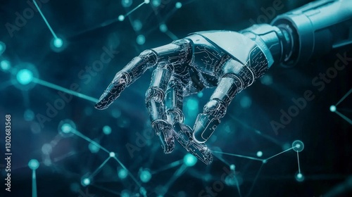 Futuristic robotic hand with glowing digital network