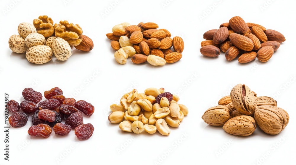 A visually appealing arrangement of various nuts and dried fruits including walnuts, almonds, peanuts, and raisins on a white background. A visually appealing arrangement of various nuts and dried fruits including walnuts, almonds, peanuts, and raisins on a white background.