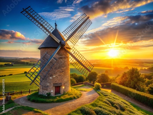 Majestic Moulin de Longchamp Windmill at Sunset, Scenic French Countryside Landscape