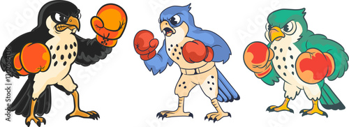 Falcon boxer mascot illustration.3 color variations, groovy 60s style, cartoon bird athlete theme.