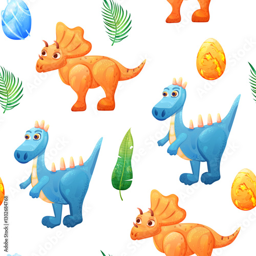 Kids seamless pattern with cute dinosaur character and tropical leaves