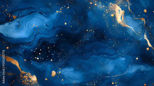 Abstract blue marble texture with gold splashes, blue luxury background