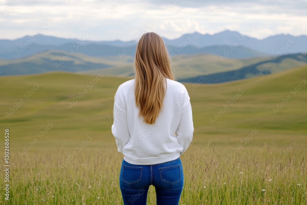 Woman standing alone in vast green field looking towards distant mountains symbolizing freedom solitude and personal reflection Woman standing alone in vast green field looking towards distant mountains symbolizing freedom solitude and personal reflection