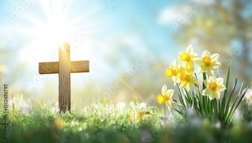 Resurrection, Easter, Springtime: A Wooden Cross Amidst Blooming Daffodils