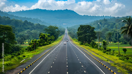 A wide highway in the state of Kerala, India, newly restored and surrounded by lush greenery under a clear blue sky.