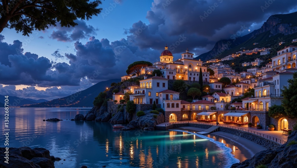 Obraz premium Greek Island Seaside at Twilight showcases picturesque waterfront with illuminated buildings against dramatic twilight sky. Concept highlights beauty of Greek Island Seaside at Twilight