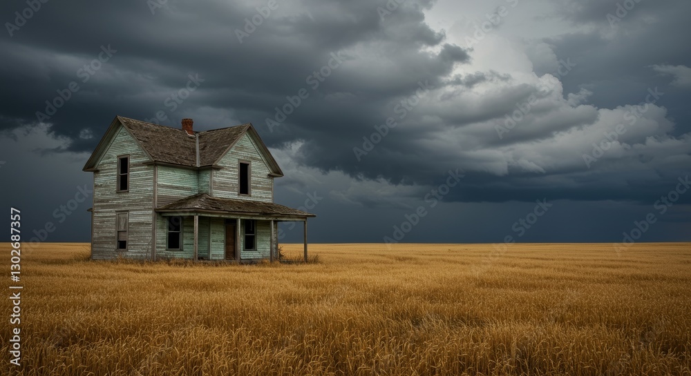 Lonely weathered farmhouse stands defiant against a stormy sky over golden wheat Lonely weathered farmhouse stands defiant against a stormy sky over golden wheat