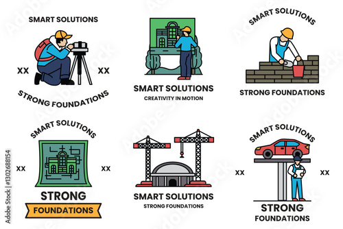 Set of illustrations in the concept of construction and architecture in line drawing style
