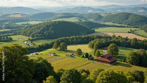 Scenic view of Hungarian Great Plain showcasing lush green fields, rolling hills, and serene river meandering through picturesque countryside. Concept explores beauty of Hungarian Great Plain