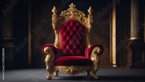 Majestic royal throne with intricate gold carvings and red velvet upholstery, set in an opulent environment. Ideal for historical, luxury, and aristocratic themes