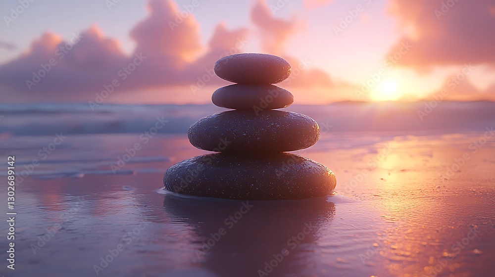 Balanced stones on beach at sunset, ocean background, serenity Balanced stones on beach at sunset, ocean background, serenity