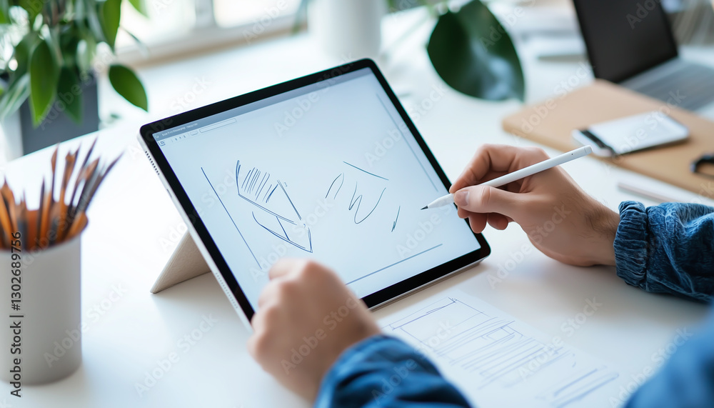 A tablet with a stylus drawing a futuristic concept sketch. Generative AI. A tablet with a stylus drawing a futuristic concept sketch. Generative AI.