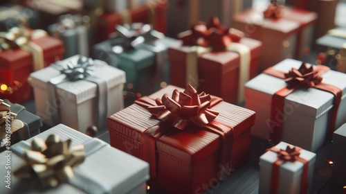 Close up of a group of gift boxes with bows and ribbons.