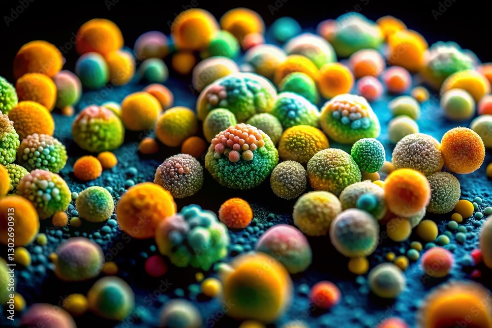 Fototapeta premium Microscopic Penicillin Mold Colony on Black Background - Tilt-Shift Photography