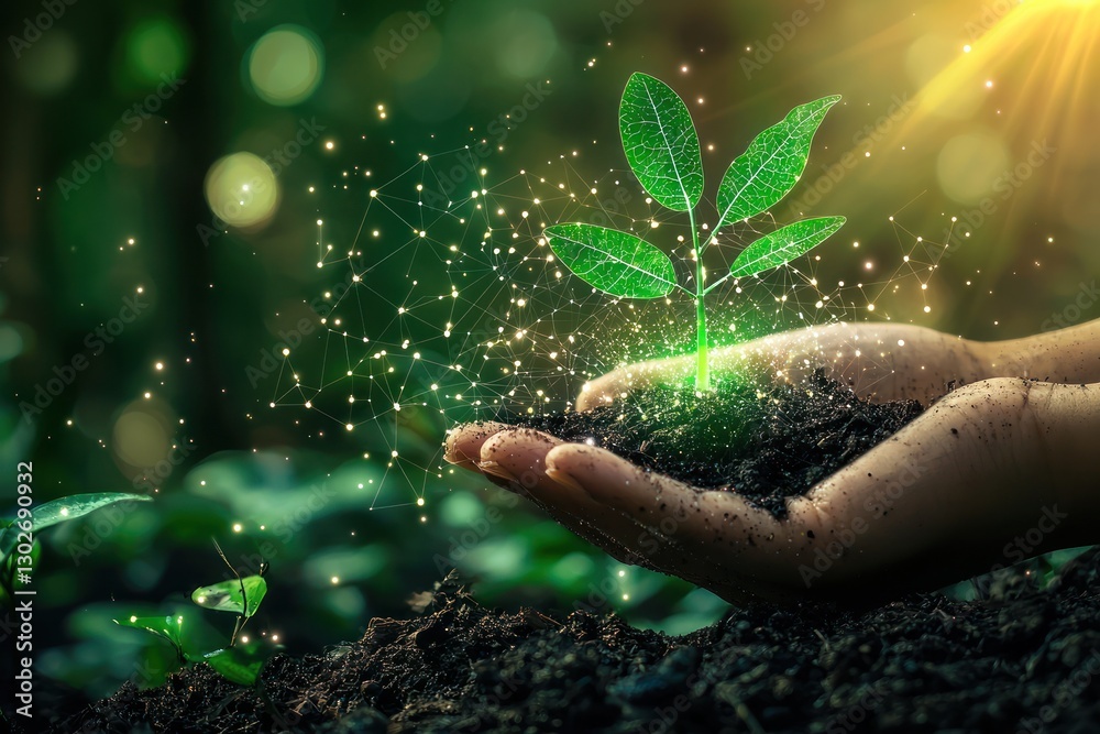 Fototapeta premium Growth of New Plant in Hand with Sparkling Light and Background Blur
