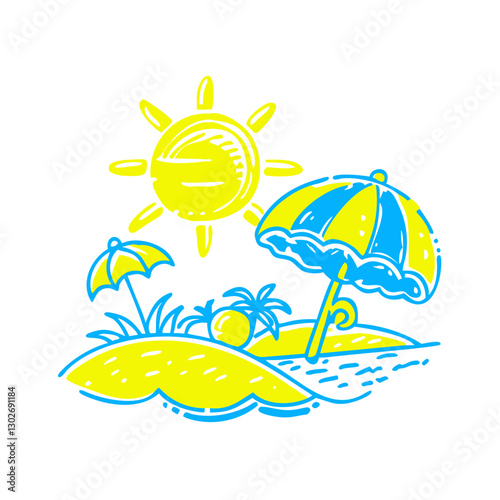 Sunny beach icon with umbrellas and palm trees, summer vacation concept
