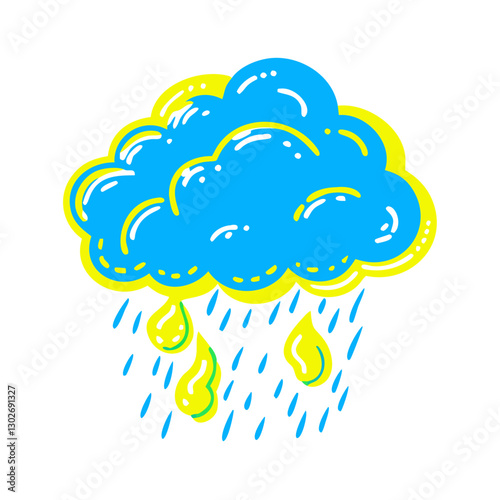 Bright blue rain cloud icon with droplets, weather concept