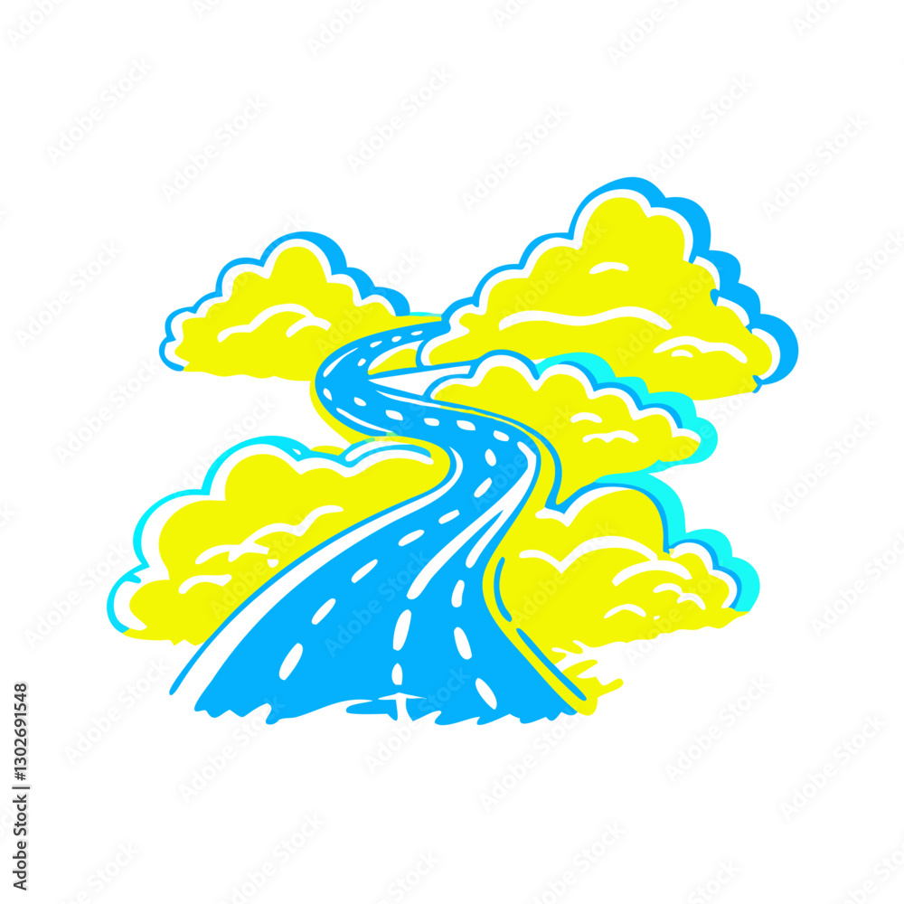 Obraz premium Foggy road icon winding through clouds, surreal travel concept