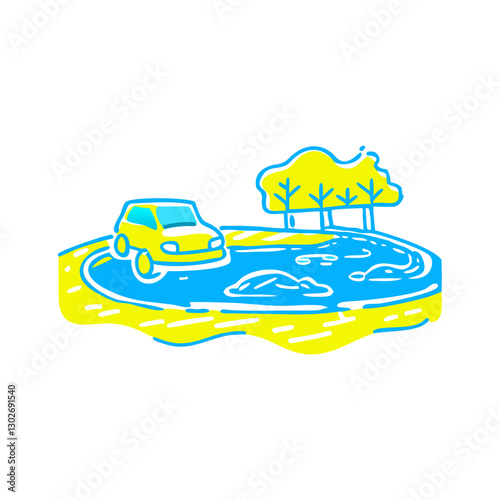 Flooded street icon with car and trees, weather impact concept
