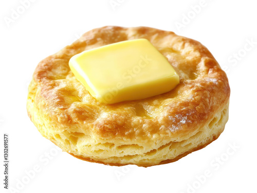 A warm biscuit with a square of melting butter is the subject of this close up.