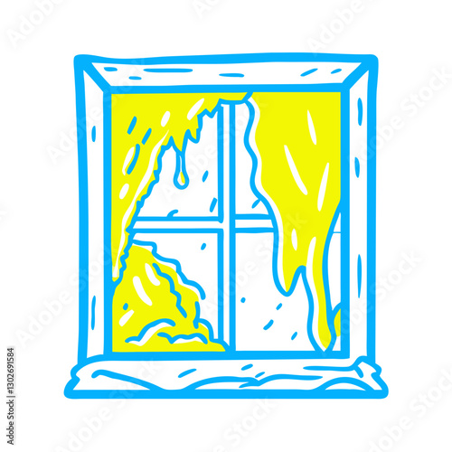 Frozen window icon with melting ice, winter ambiance concept