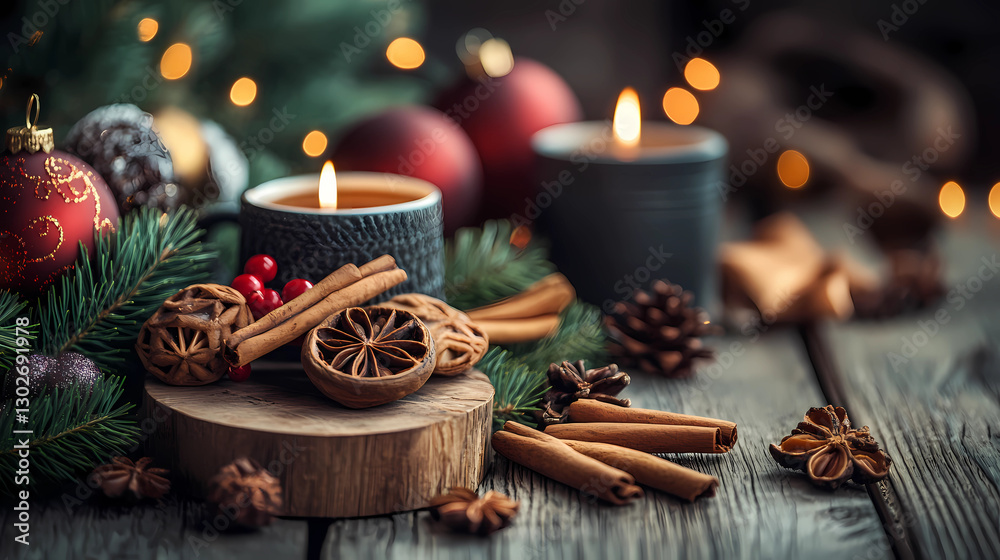 Empty wooden table with christmas theme in background