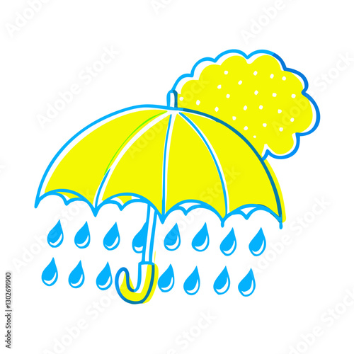 Yellow umbrella icon with raindrops, weather concept