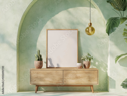  poster frame sits atop an elegant wooden sideboard. Behind the frame, a light green wall features an arched design. Plants and ceramic creating a minimalist, mockup-style 