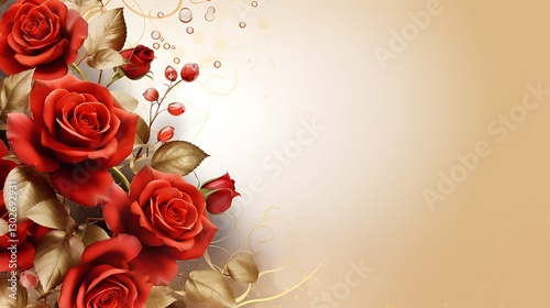 Romantic wedding background with a golden brown border and blooming red roses