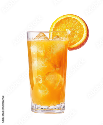 The image showcases a glass of orange juice with ice and an orange slice on top.