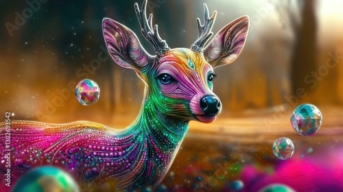 A surreal representation of a vibrant deer surrounded by colorful orbs in a magical forest, blending nature with artistic expression and emotional depth.