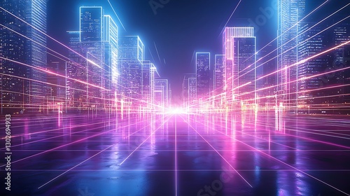 Glowing lines lead to a city, night, tech