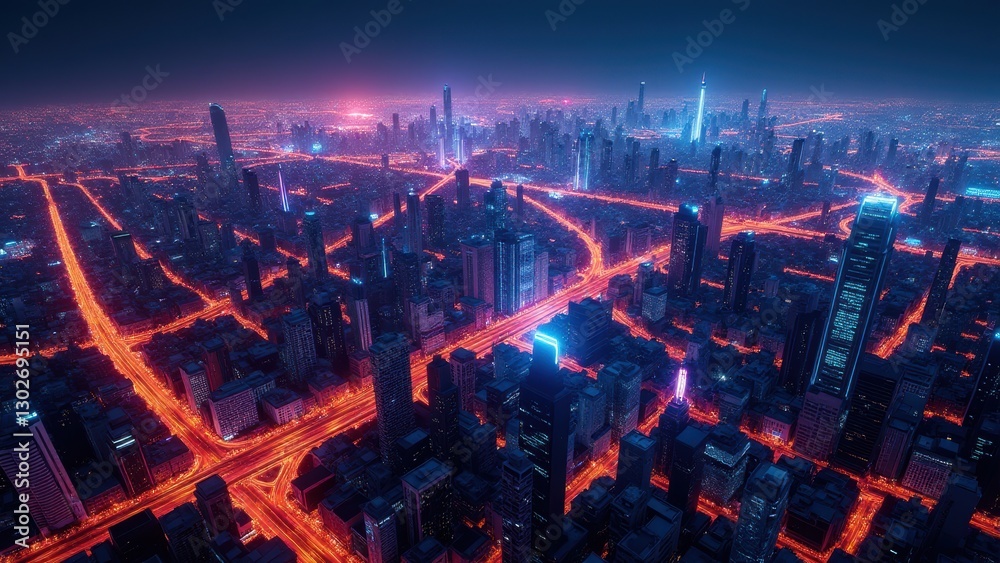 Time zone map, Neon city districts glowing based on world time zones visible from above. Time zone map, Neon city districts glowing based on world time zones visible from above.