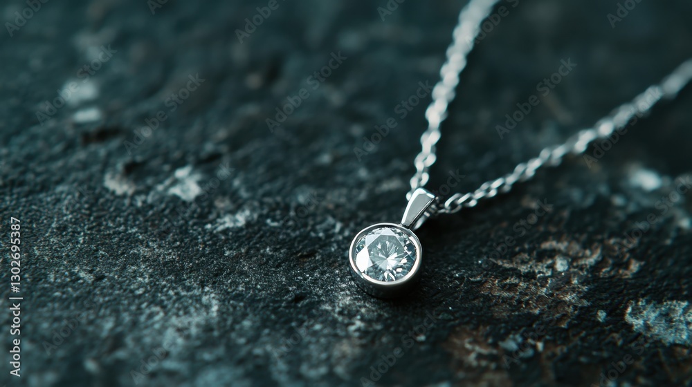 Fototapeta premium A minimalist platinum diamond pendant floating on a dark graphite surface.