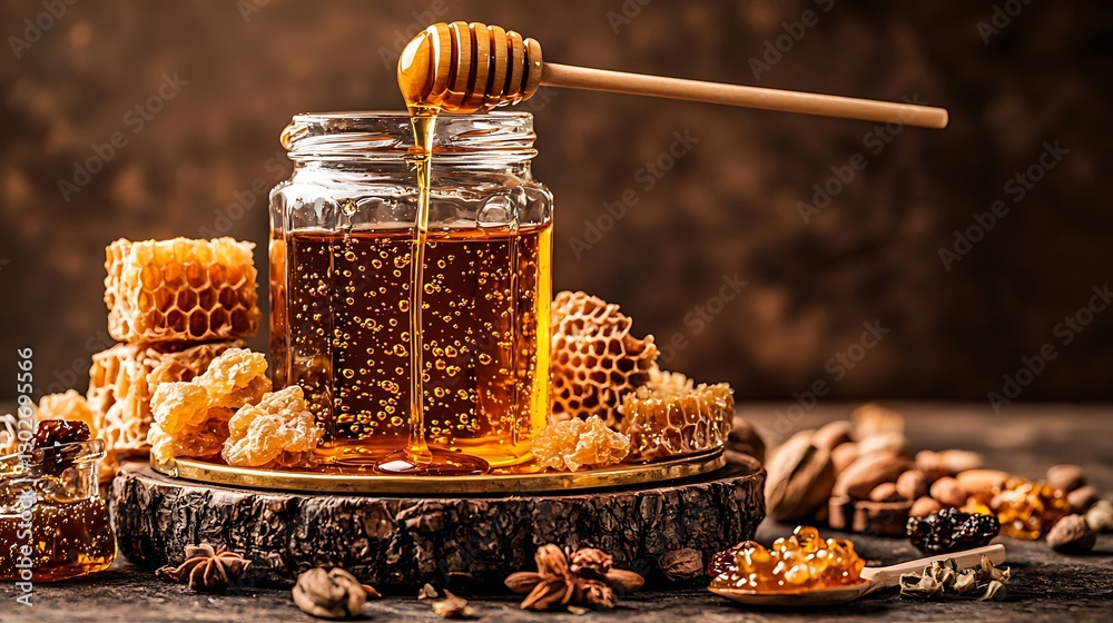 Golden honey pouring into jar, honeycomb, nuts, spices; food photography for recipes, blogs Golden honey pouring into jar, honeycomb, nuts, spices; food photography for recipes, blogs