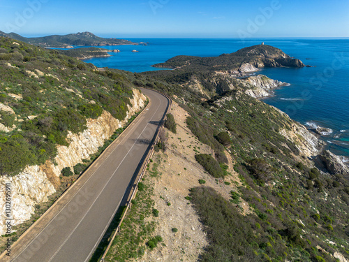 Fototapeta Naklejka Na Ścianę i Meble -  Aerial view of the coast of Teulada from the coastal road SP71, with Capo Malfatano, Sardinia, Italy