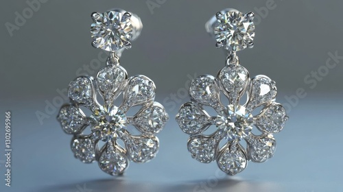A pair of radiant diamond chandelier earrings sparkling on a silver-gray surface.