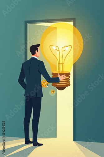 Businessman with Golden Key and Trophy Unlocking Lightbulb-Shaped Door to New Ideas and Creativity