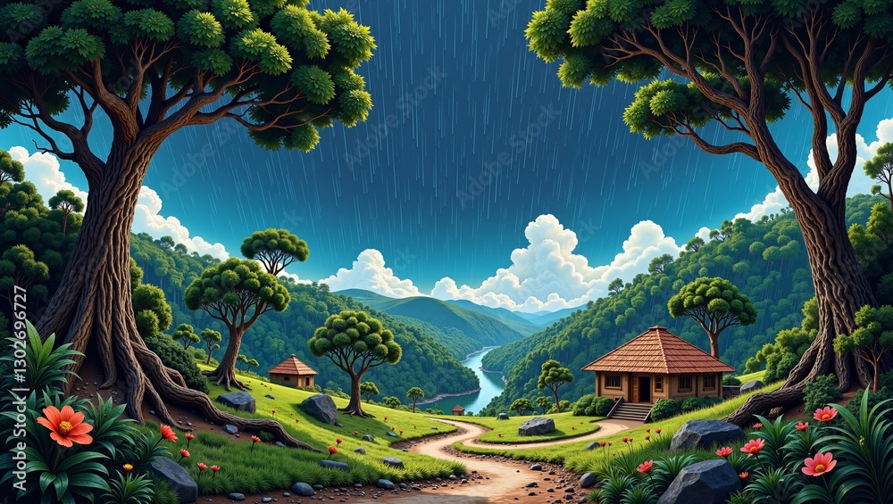 Fototapeta premium Vibrant indian monsoon landscape showcasing lush greenery, traditional houses, and rain-soaked mountains. concept highlights serene beauty of indian monsoon landscape in nature