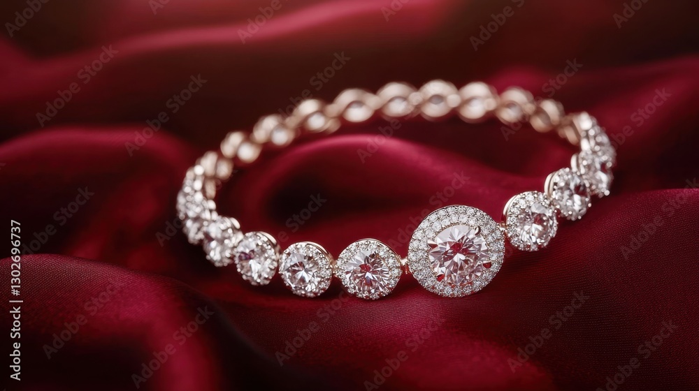 Fototapeta premium A radiant diamond halo bracelet lying on a deep ruby red fabric.