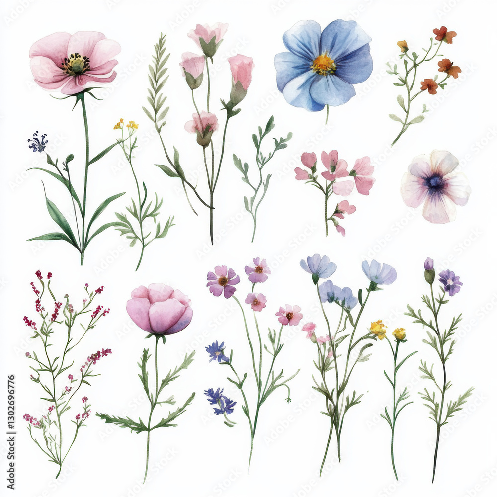 custom made wallpaper toronto digitala clip art sheet of delicate hand painted variety of watercolor pastel colors wildflowers , on a white background 