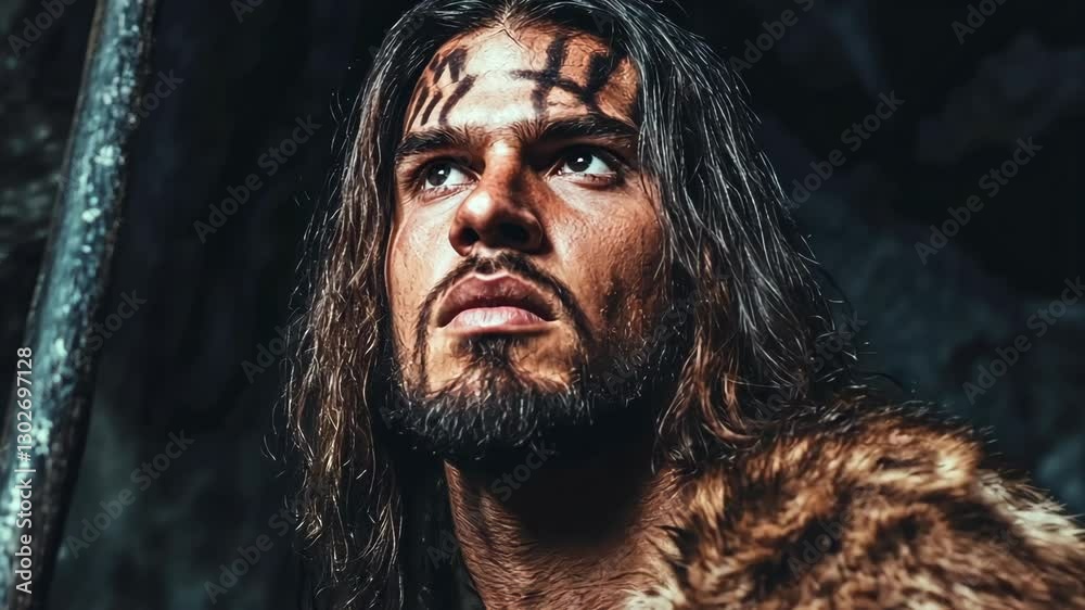 Strong warrior stands in a cave, ready for action with fierce determination and traditional attire Strong warrior stands in a cave, ready for action with fierce determination and traditional attire