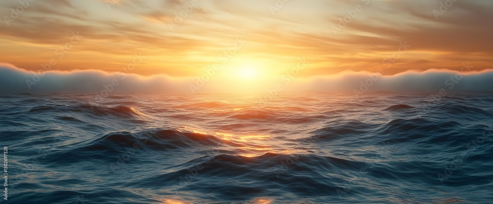 Naklejka premium Golden Sunset Over Turbulent Ocean Waves