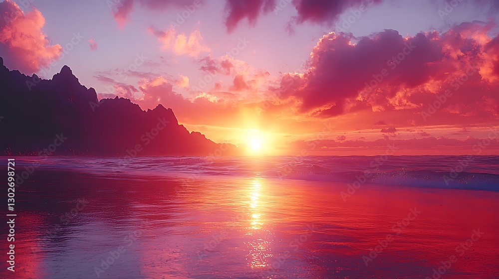 Naklejka premium Ocean sunset with red glow, mountains on the horizon, peaceful nature scene