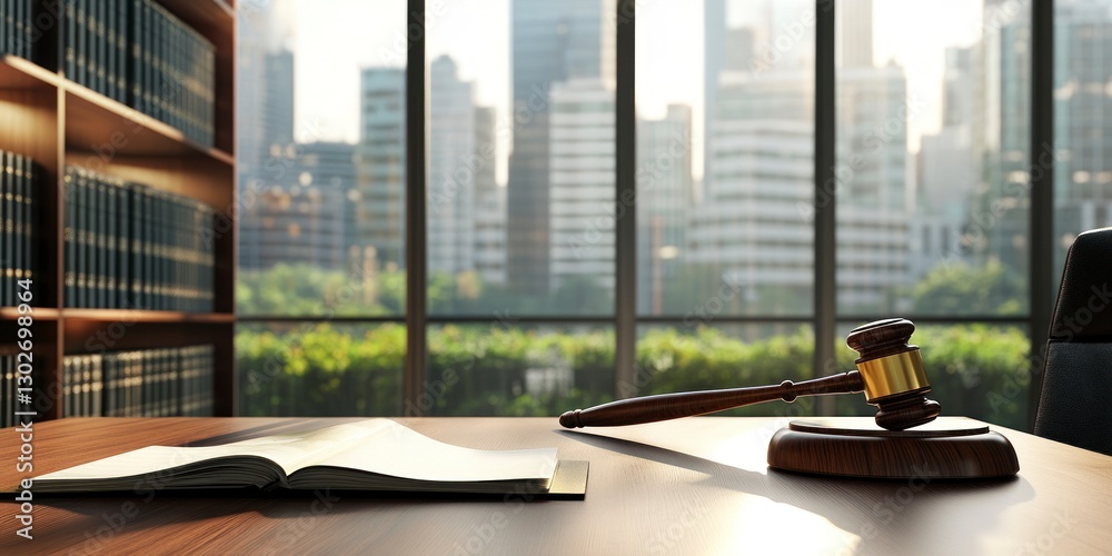 modern office with large windows, featuring a wooden desk and a gavel on it. There is an open notebook next to the green bokeh cityscape outside modern office with large windows, featuring a wooden desk and a gavel on it. There is an open notebook next to the green bokeh cityscape outside